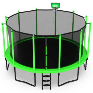 Jump Into Fun 16FT Trampoline for Adults/ 10 Kids, 1500LBS Capacity Trampolines with Enclosure, Basketball Hoop, Wind Stakes, Heavy Duty Outdoor Galvanized Anti-Rust Coating Recreational Trampoline