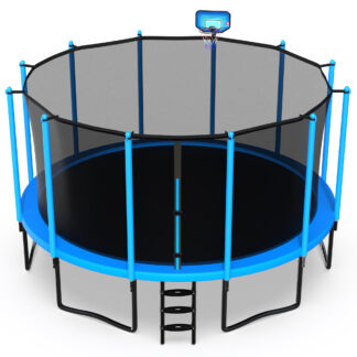 Jump Into Fun 16FT Trampoline for Adults/ 10 Kids, 1500LBS Capacity Trampolines with Enclosure, Basketball Hoop, Wind Stakes, Heavy Duty Outdoor Galvanized Anti-Rust Coating Recreational Trampoline