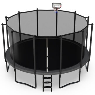 Jump Into Fun 16FT Trampoline for Adults/ 10 Kids, 1500LBS Capacity Trampolines with Enclosure, Basketball Hoop, Wind Stakes, Heavy Duty Outdoor Galvanized Anti-Rust Coating Recreational Trampoline