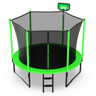 Jump Into Fun 10FT Trampoline for 3-4 Kids, 1000LBS Capacity Trampolines with Enclosure, Basketball Hoop, Wind Stakes, Heavy Duty Outdoor Galvanized Anti-Rust Coating Recreational Trampoline