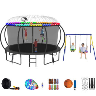 Jump Into Fun Trampoline 8 10 12 14 15 16FT, Trampoline with Enclosure, Basketball Hoop, Swing, LED Light and Gifts, 1200LBS Trampoline for 1-2 Adults/ 5-6 Kids, Outdoor Galvanized Spray Trampoline