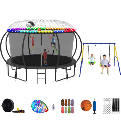 Jump Into Fun Trampoline 8 10 12 14 15 16FT, Trampoline with Enclosure, Basketball Hoop, Swing, LED Light and Gifts, 1200LBS Trampoline for 1-2 Adults/ 5-6 Kids, Outdoor Galvanized Spray Trampoline