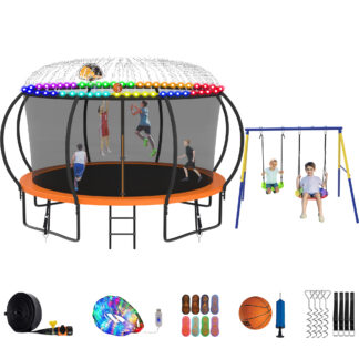 Jump Into Fun Trampoline 8 10 12 14 15 16FT, Trampoline with Enclosure, Basketball Hoop, Swing, LED Light and Gifts, 1400LBS Trampoline for 2-3 Adults/ 6-7 Kids, Outdoor Galvanized Spray Trampoline