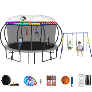 Jump Into Fun Trampoline 8 10 12 14 15 16FT, Trampoline with Enclosure, Basketball Hoop, Swing, LED Light and Gifts, 1400LBS Trampoline for 2-3 Adults/ 6-7 Kids, Outdoor Galvanized Spray Trampoline