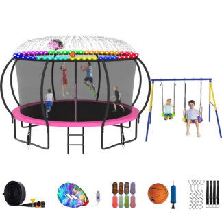 Jump Into Fun Trampoline 8 10 12 14 15 16FT, Trampoline with Enclosure, Basketball Hoop, Swing, LED Light and Gifts, 1400LBS Trampoline for 2-3 Adults/ 6-7 Kids, Outdoor Galvanized Spray Trampoline