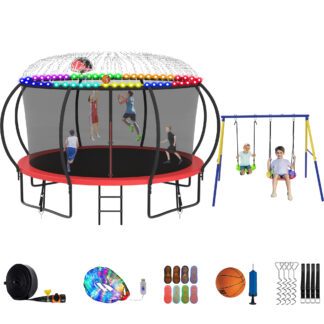 Jump Into Fun Trampoline 8 10 12 14 15 16FT, Trampoline with Enclosure, Basketball Hoop, Swing, LED Light and Gifts, 1400LBS Trampoline for 2-3 Adults/ 6-7 Kids, Outdoor Galvanized Spray Trampoline