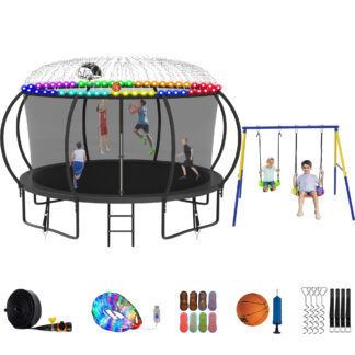 Jump Into Fun Trampoline 8 10 12 14 15 16FT, Trampoline with Enclosure, Basketball Hoop, Swing, LED Light and Gifts, 1400LBS Trampoline for 2-3 Adults/ 6-7 Kids, Outdoor Galvanized Spray Trampoline