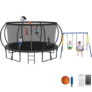 Jump Into Fun Trampoline 8 10 12 14 15 16FT, Trampoline with Enclosure, Basketball Hoop, Swing and Wind Stakes, 1400LBS Trampoline for 2-3 Adults/ 6-7 Kids, Outdoor Galvanized Spray Trampoline