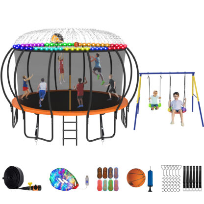 Jump Into Fun Trampoline 8 10 12 14 15 16FT, Trampoline with Enclosure, Basketball Hoop, Swing, LED Light and Gifts, 1500LBS Trampoline for 4-5 Adults/ 9-10 Kids, Outdoor Galvanized Spray Trampoline