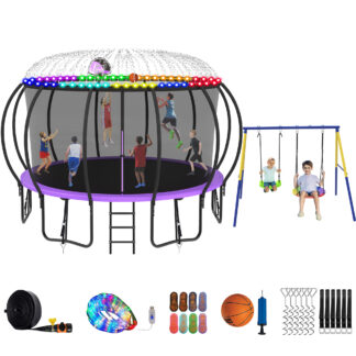Jump Into Fun Trampoline 8 10 12 14 15 16FT, Trampoline with Enclosure, Basketball Hoop, Swing, LED Light and Gifts, 1500LBS Trampoline for 4-5 Adults/ 9-10 Kids, Outdoor Galvanized Spray Trampoline