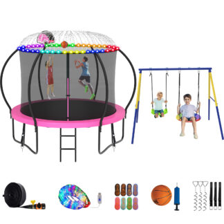 Jump Into Fun Trampoline 8 10 12 14 15 16FT, Trampoline with Enclosure, Basketball Hoop, Swing, LED Light and More Gifts, 1000LBS Trampoline for 3-4 Kids, Outdoor Galvanized Spray No Gap Trampoline