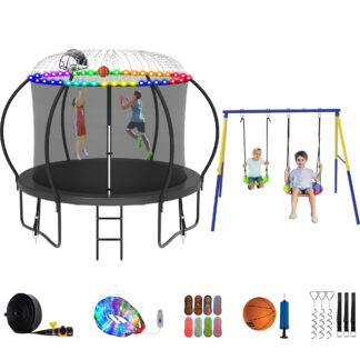 Jump Into Fun Trampoline 8 10 12 14 15 16FT, Trampoline with Enclosure, Basketball Hoop, Swing, LED Light and More Gifts, 1000LBS Trampoline for 3-4 Kids, Outdoor Galvanized Spray No Gap Trampoline