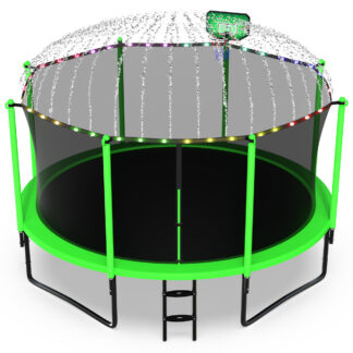 Jump Into Fun 12FT Trampoline for Adults/ 5-6 Kids, 1200LBS Trampolines with Enclosure, LED Light, Basketball Hoop, Wind Stakes, Heavy Duty Outdoor Anti-Rust Coating Recreational Trampoline for Gift