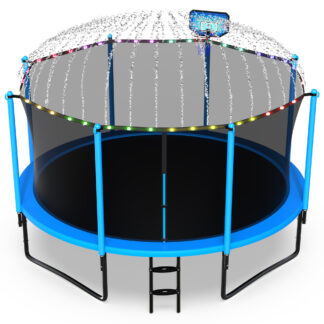 Jump Into Fun 12FT Trampoline for Adults/ 5-6 Kids, 1200LBS Trampolines with Enclosure, LED Light, Basketball Hoop, Wind Stakes, Heavy Duty Outdoor Anti-Rust Coating Recreational Trampoline for Gift
