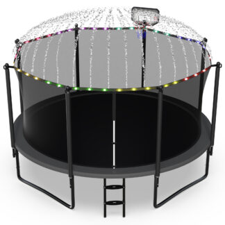 Jump Into Fun 12FT Trampoline for Adults/ 5-6 Kids, 1200LBS Trampolines with Enclosure, LED Light, Basketball Hoop, Wind Stakes, Heavy Duty Outdoor Anti-Rust Coating Recreational Trampoline for Gift