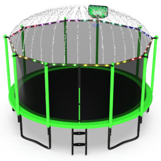 Jump Into Fun 14FT Trampoline for Adults/ 6-8 Kids, 1400LBS Trampolines with Enclosure, LED Light, Basketball Hoop, Wind Stakes, Heavy Duty Outdoor Anti-Rust Coating Recreational Trampoline for Gift
