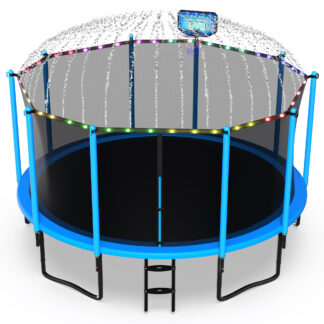 Jump Into Fun 14FT Trampoline for Adults/ 6-8 Kids, 1400LBS Trampolines with Enclosure, LED Light, Basketball Hoop, Wind Stakes, Heavy Duty Outdoor Anti-Rust Coating Recreational Trampoline for Gift