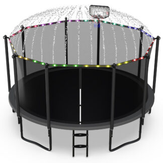 Jump Into Fun 14FT Trampoline for Adults/ 6-8 Kids, 1400LBS Trampolines with Enclosure, LED Light, Basketball Hoop, Wind Stakes, Heavy Duty Outdoor Anti-Rust Coating Recreational Trampoline for Gift