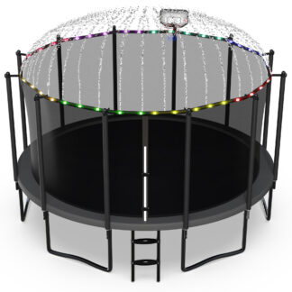 Jump Into Fun 15FT Trampoline for Adults/ 7-9 Kids, 1500LBS Trampolines with Enclosure, LED Light, Basketball Hoop, Wind Stakes, Heavy Duty Outdoor Anti-Rust Coating Recreational Trampoline for Gift