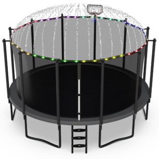 Jump Into Fun 16FT Trampoline for Adults/ 10 Kids, 1500LBS Trampolines with Enclosure, LED Light, Basketball Hoop, Wind Stakes, Heavy Duty Outdoor Anti-Rust Coating Recreational Trampoline for Gift