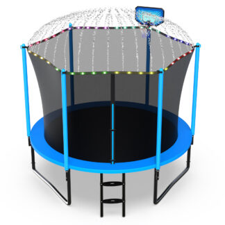 Jump Into Fun 10FT Trampoline for 3-4 Kids, 1000LBS Capacity Trampolines with Enclosure, LED Light, Basketball Hoop, Wind Stakes, Heavy Duty Outdoor Anti-Rust Coating Recreational Trampoline for Gift