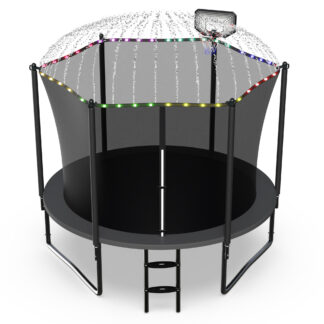 Jump Into Fun 10FT Trampoline for 3-4 Kids, 1000LBS Capacity Trampolines with Enclosure, LED Light, Basketball Hoop, Wind Stakes, Heavy Duty Outdoor Anti-Rust Coating Recreational Trampoline for Gift