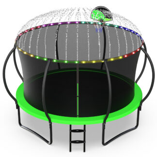 Jump Into Fun Trampoline, 12FT 1200LBS Trampoline for 5-6 Kids, Pumpkin Trampolines with Enclosure, LED Light, Basketball Hoop,Outdoor Galvanized Anti-Rust Coating Recreational Trampoline for Gifts