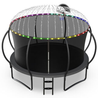 Jump Into Fun Trampoline, 16FT 15FT 14FT 12FT 10FT 8FT 1200LBS Trampoline for Adults/5-6 Kids with Enclosure, LED Light, Basketball Hoop, Outdoor Anti-Rust Coating Recreational Trampoline for Gifts