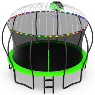 Jump Into Fun Trampoline, 14FT 1400LBS Trampoline for 6-7 Kids, Pumpkin Trampolines with Enclosure, LED Light, Basketball Hoop,Outdoor Galvanized Anti-Rust Coating Recreational Trampoline for Gifts