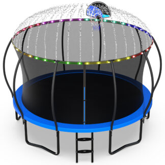 Jump Into Fun Trampoline, 14FT 1400LBS Trampoline for 6-7 Kids, Pumpkin Trampolines with Enclosure, LED Light, Basketball Hoop,Outdoor Galvanized Anti-Rust Coating Recreational Trampoline for Gifts