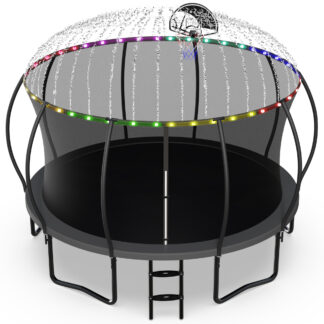 Jump Into Fun Trampoline, 14FT 1400LBS Trampoline for 6-7 Kids, Pumpkin Trampolines with Enclosure, LED Light, Basketball Hoop,Outdoor Galvanized Anti-Rust Coating Recreational Trampoline for Gifts
