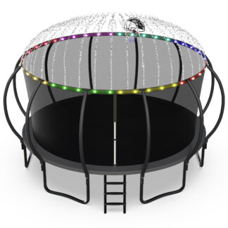 Jump Into Fun Trampoline, 16FT 1500LBS Trampoline for 8-9 Kids, Pumpkin Trampolines with Enclosure, LED Light, Basketball Hoop,Outdoor Galvanized Anti-Rust Coating Recreational Trampoline for Gifts