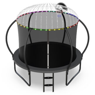 Jump Into Fun Trampoline, 10FT 1000LBS Trampoline for 4-5 Kids, Pumpkin Trampolines with Enclosure, LED Light, Basketball Hoop,Outdoor Galvanized Anti-Rust Coating Recreational Trampoline for Gifts
