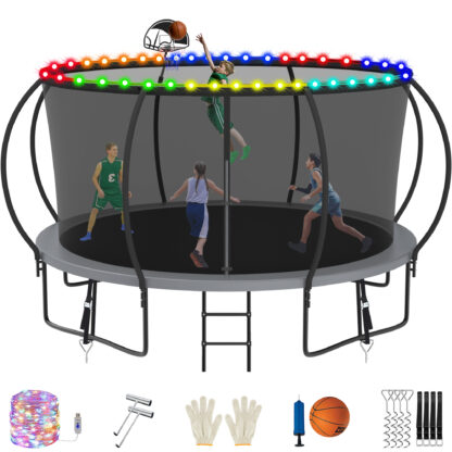 Jump Into Fun Trampoline, 14FT 1400LBS Trampoline for 6-7 Kids, Pumpkin Trampolines with Enclosure, LED Light, Basketball Hoop,Outdoor Galvanized Anti-Rust Coating Recreational Trampoline for Gifts