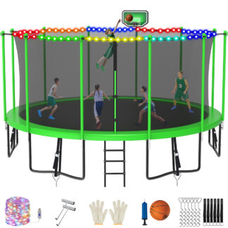 Jump Into Fun Trampoline 16FT 15FT 14FT 12FT 10FT 8FT for Adults/ 10 Kids, 1500LBS Trampolines with Enclosure, LED Light, Basketball Hoop, Outdoor Anti-Rust Coating Recreational Trampoline for Gift