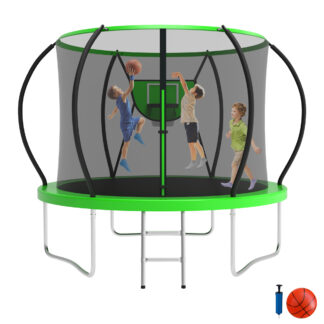 Jump Into Fun Trampoline, 8FT 800LBS Trampoline for Adults and Kids, Trampoline with Enclosure, Basketball Hoop and Ball, Outdoor Heavy Duty Pumpkin Trampoline, Green
