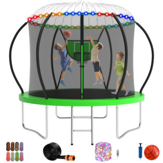 Jump Into Fun Trampoline, 8FT 800LBS Trampoline for Adults and Kids, Trampoline with Enclosure, Basketball Hoop and Ball, LED Light and More Gifts, Outdoor Heavy Duty Pumpkin Trampoline,Green