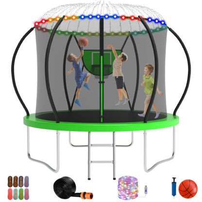 Jump Into Fun Trampoline, 8FT 800LBS Trampoline for Adults and Kids, Trampoline with Enclosure, Basketball Hoop and Ball, LED Light and More Gifts, Outdoor Heavy Duty Pumpkin Trampoline,Green