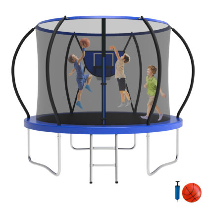 Jump Into Fun Trampoline, 8FT 800LBS Trampoline for Adults and Kids, Trampoline with Enclosure, Basketball Hoop and Ball, Outdoor Heavy Duty Pumpkin Trampoline, Blue