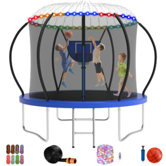 Jump Into Fun Trampoline, 8FT 800LBS Trampoline for Adults and Kids, Trampoline with Enclosure, Basketball Hoop and Ball, LED Light and More Gifts, Outdoor Heavy Duty Pumpkin Trampoline,Blue