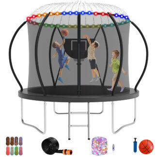 Jump Into Fun Trampoline, 8FT 800LBS Trampoline for Adults and Kids, Trampoline with Enclosure, Basketball Hoop and Ball, LED Light and More Gifts, Outdoor Heavy Duty Pumpkin Trampoline,Black