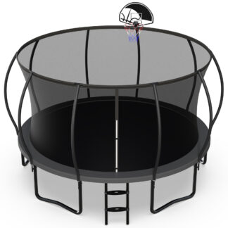Jump Into Fun 14FT Trampoline 1400LBS for 8 Kids and Adults, Galvanized Anti-Rust Coating Pumpkin Outdoor Trampolines with Enclosure Net and Basketball Hoop, Gift Family Use